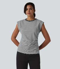 Ribbed Knit Round Neck Cap Sleeve Stripes Casual T-Shirt