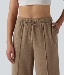 High Waisted Inner Drawstring Wide Leg Casual Linen-Blend Pants with Pockets