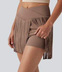 Halara UltraSculpt™ Cool Quick Dry Crossover High-waisted 2-in-1 Fringe Hem Bodycon Mini Party Skirt-UPF50+