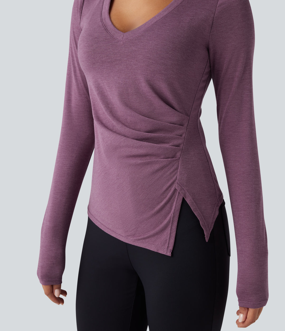 Molded Cups Push-Up V-neck Long Sleeve Ruched Split Hem Casual Top A/B Cup