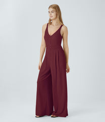 Double Straps V Neck Pocket Wide Leg Casual Jumpsuit