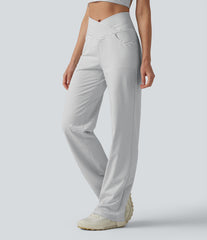 High Waisted Crossover Tummy Control Straight Leg Stripe Yoga Pants with Pockets