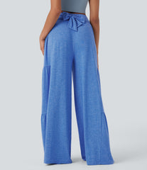 High Waisted Shirred Tie Front & Back Wide Leg Flowy Dance Pants