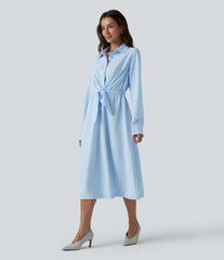 Collar Long Sleeve Tie-front Stripes Midi Work Shirt Dress