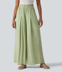 High Waisted Linen-Feel Casual Wide Leg Pants with Pockets