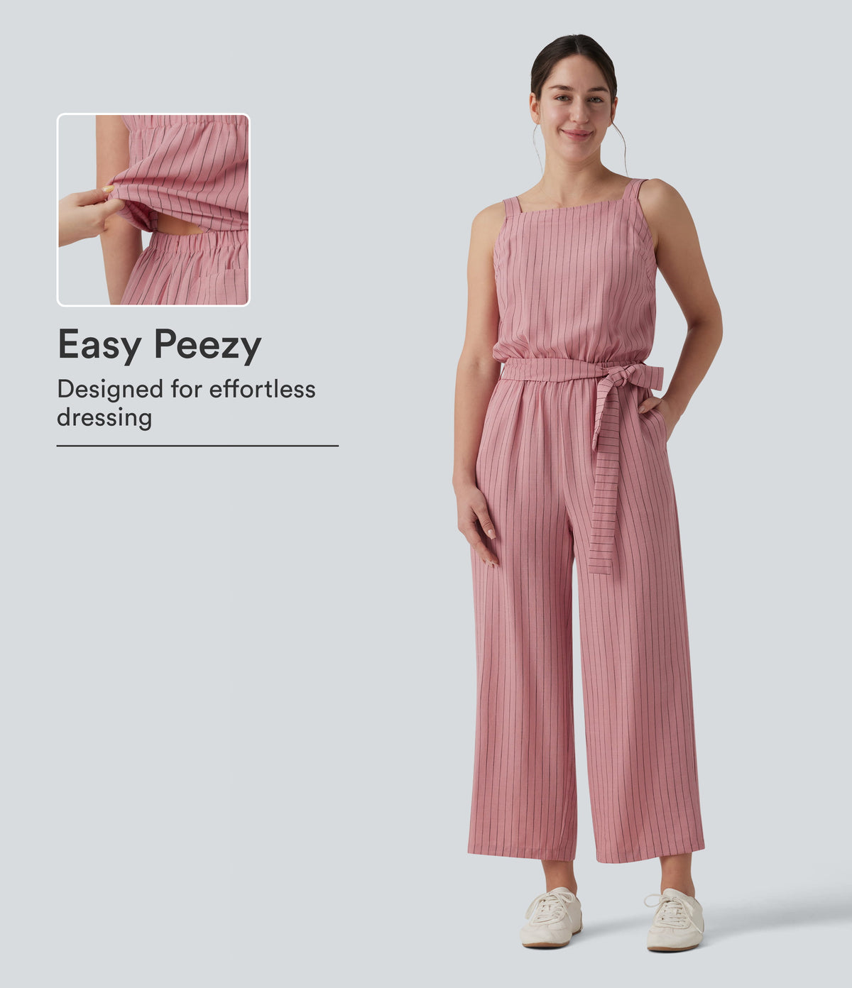 Square Neck Adjustable Straps Sleeveless Belted Stripes Casual Linen-Feel Jumpsuit with Pockets-Easy Peezy