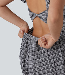 Twisted Backless Ruffle Plaid Crinkle Quick Dry Casual Romper with Pockets-Easy Peezy