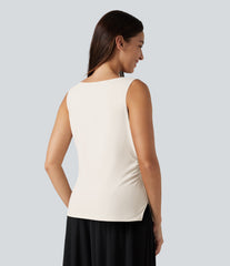 Asymmetric Cowl Neck Sleeveless Ruched Split Hem Work Top