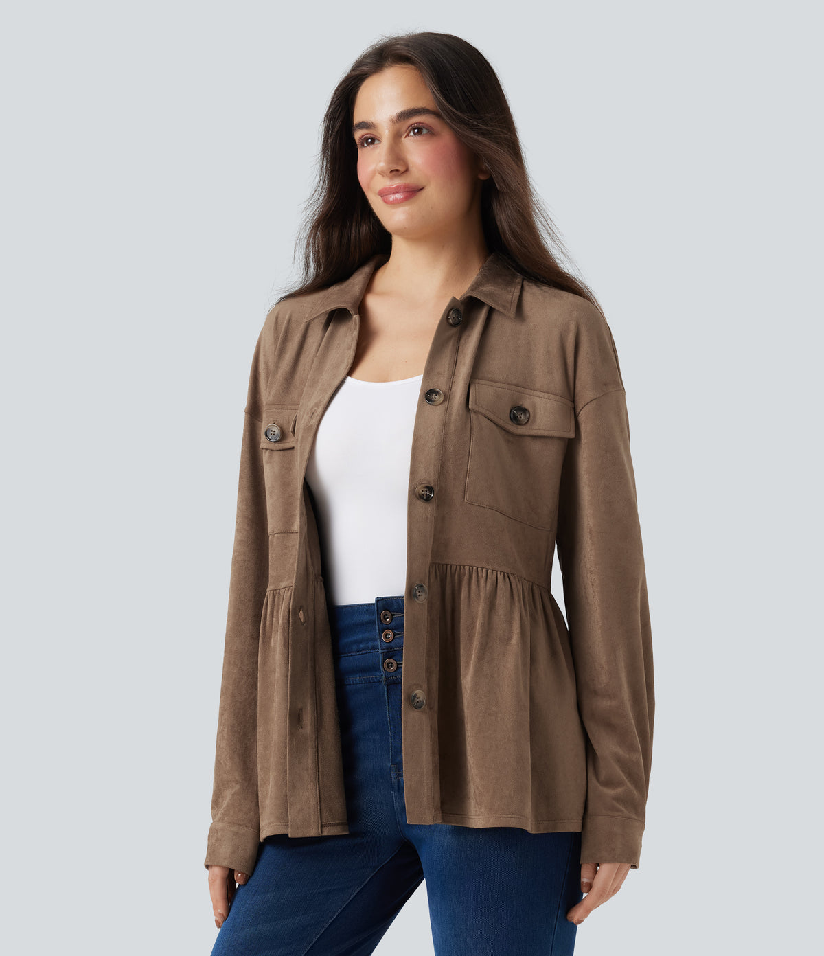 Long Sleeve Ruffle Hem Suede Casual Shirt Jacket with Pockets