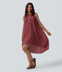 Round Neck Pleated Sleeveless High Low Casual Flowy Dress