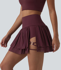 High Waisted 2-in-1 Asymmetric Hem Mini Breathable Mesh Dance Tiered Skirt with Pockets