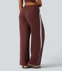 High Waisted Drawstring Color Block Stripes Casual Baggy Pants with Pockets
