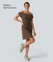SoftlyZero™ Off-shoulder Removable Strap Built-in Bra 2-in-1 Yoga Active Dress with Pockets-Easy Peezy A-D Cups
