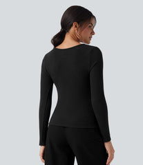 Ribbed Knit V-neck Long Sleeve Slim Heathered Casual Top