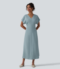 V-neck Short Sleeve Invisible Zipper Ruched Maxi A-line Work Dress
