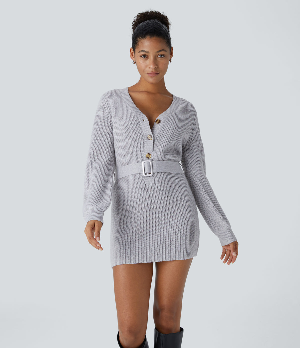 V Neck Front Long Sleeve Belted Mini Casual Sweater Dress