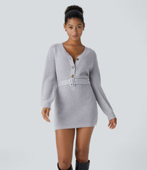 V Neck Front Long Sleeve Belted Mini Casual Sweater Dress