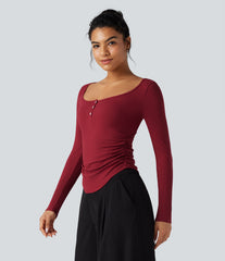 Ribbed Knit Henley Neck Long Sleeve Ruched Curved Hem Work T-Shirt