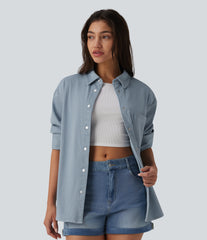 Halara Flex™ Long Sleeve Stripe Denim Casual Shirt with Pocket