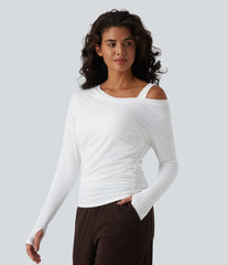 Built-in Bra One Shoulder Long Sleeve Thumb Hole Ruched InstantCool Workout Top-UPF50+