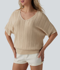 V Neck Short Sleeve Casual Sweater