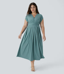 Breezeful™ V Neck Short Sleeve Pocket Tie Back Quick Dry Midi Casual Plus Size Dress