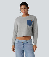 Round Neck Long Sleeve Casual Cotton Sweatshirt with Pocket