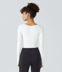 Ribbed Knit Square Neck Long Sleeve Skinny Casual Bodysuit