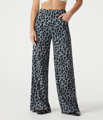 High Waisted Baggy Color Block Leopard Print Waffle Casual Pants with Pockets