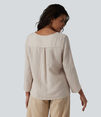 V-neck Roll Up Sleeve Linen-Blend Casual Top