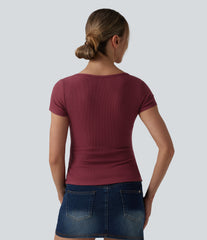 Ribbed Knit Boat Neck Short Sleeve Casual Top