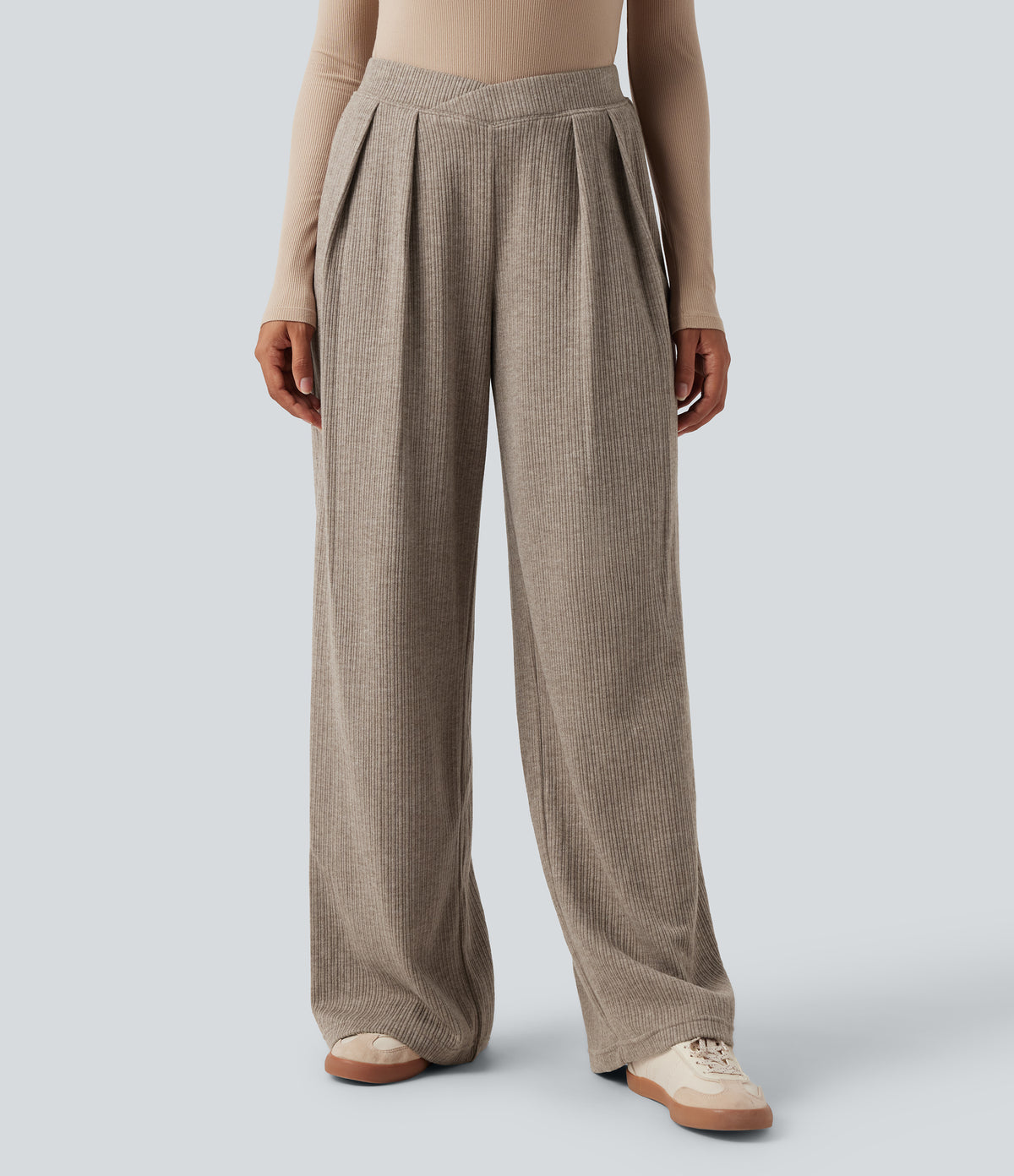 Ribbed High Waisted Crossover Straight Leg Casual Pants with Pockets