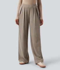 Ribbed High Waisted Crossover Straight Leg Casual Pants with Pockets