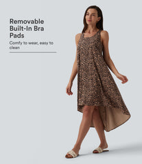 Racerback Sleeveless High Low Leopard Print Flowy Midi Resort Dress with Pockets