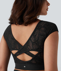 SoftlyZero™ Contrast Lace Crossover Hem Cropped Yoga Sports Top-UPF50+