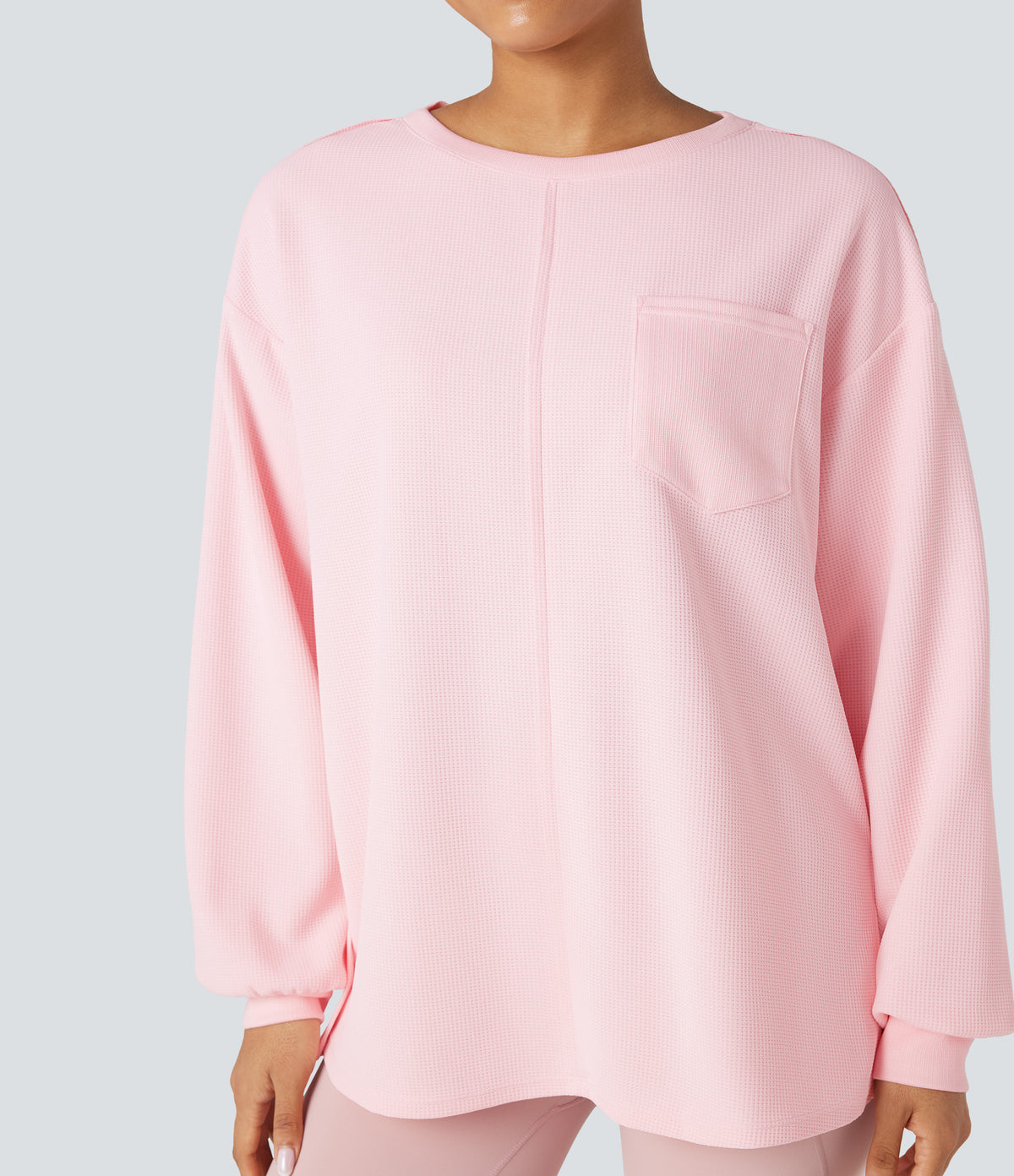 Round Neck Long Sleeve Split Hem Waffle Oversized Casual Sweatshirt with Pockets