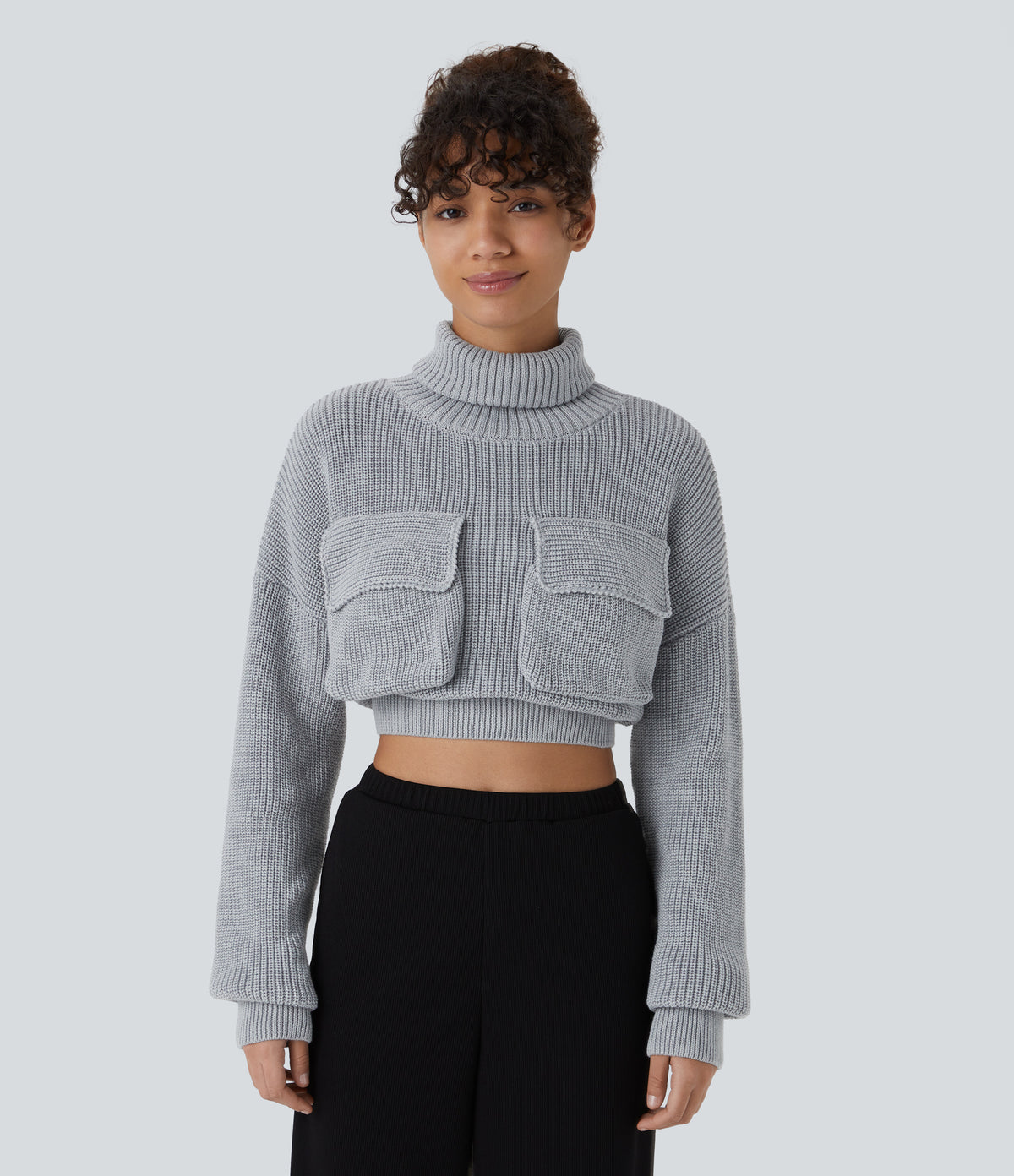 High Neck Dropped Shoulder Flap Pocket Cropped Casual Sweater
