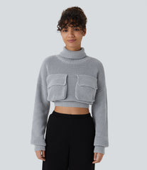 High Neck Dropped Shoulder Flap Pocket Cropped Casual Sweater