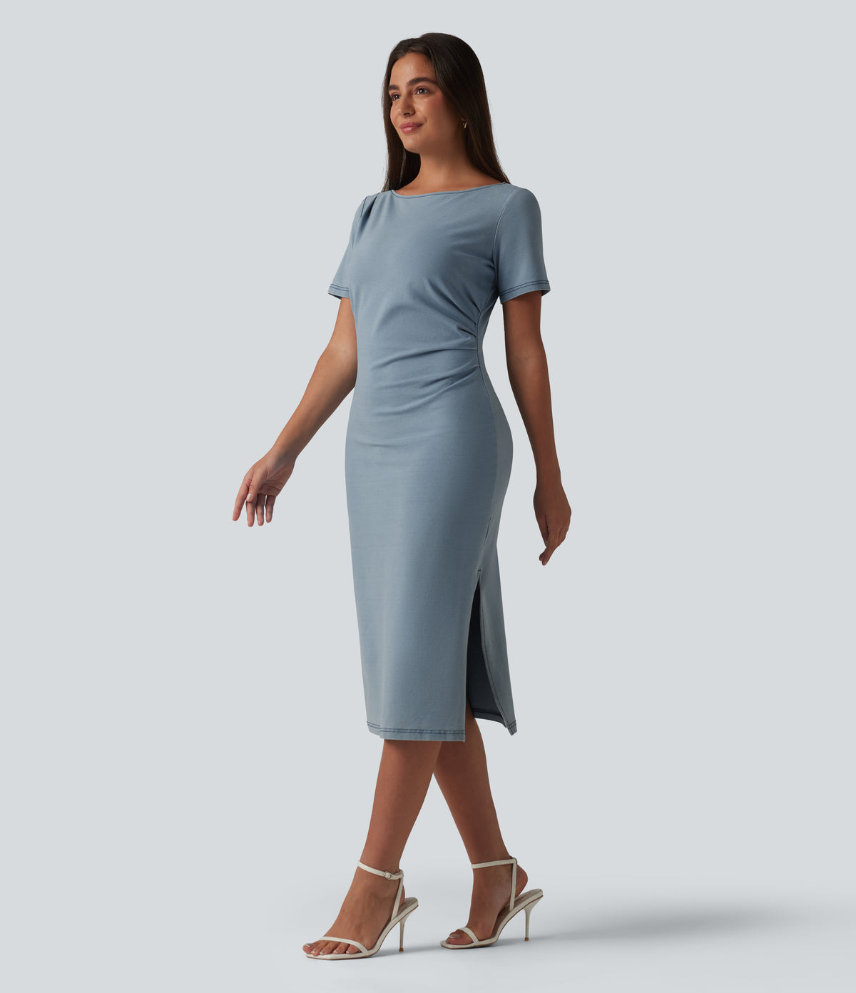 Halara Flex™ Denim Boat Neck Short Sleeve Ruched Split Midi Casual Dress