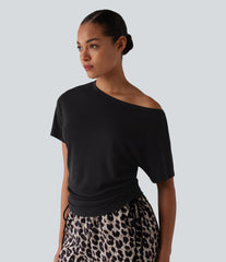 One Shoulder Short Sleeve Drawstring Casual Wool-Blend T-Shirt