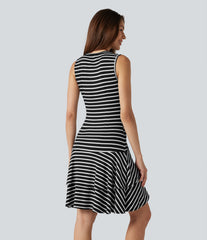 Ribbed Knit Round Neck Sleeveless Layered Ruffle Hem Stripe Mini Casual Dress
