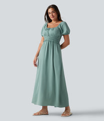 Square Neck Puff Sleeve Shirred Built-in Bra Maxi Casual Flowy Linen-Feel Dress with Pockets