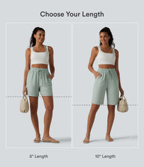High Waisted Drawstring Casual Linen-Blend Bermuda Shorts 10'' with Pockets