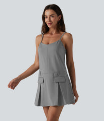 Shirred Mini Stripe Casual Slip Dress with Pockets