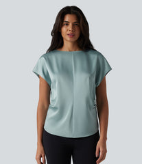 Boat Neck Cap Sleeve Work Satin Top