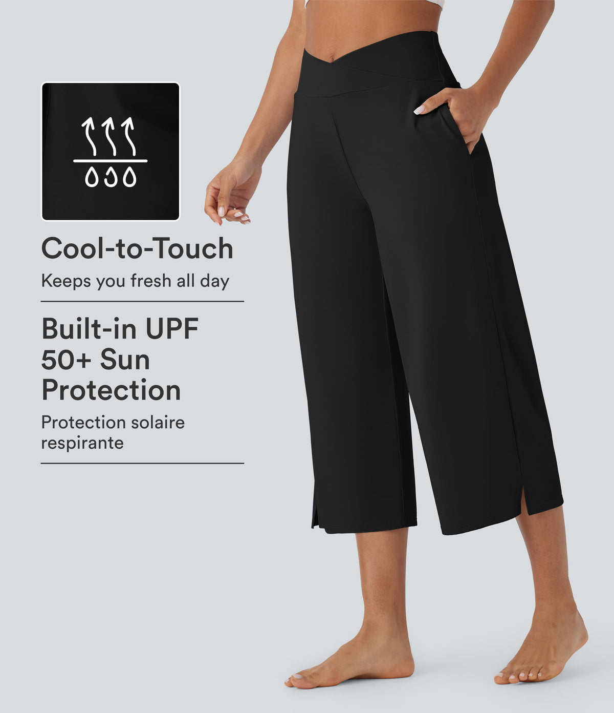 Crossover High Waisted Pockets InstantCool Yoga Capri Pants-UPF50+