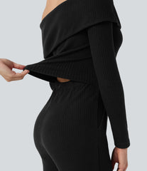 Ribbed Knit Foldover Off Shoulder Long Sleeve Bootcut Casual Jumpsuit with Pockets-Easy Peezy Edition