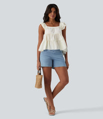 Square Neck Flounce Sleeve Ruffle Hem Linen-Feel T-Shirt