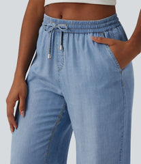 Mid Rise Drawsting Draped Wide Leg Casual Jeans with Pockets