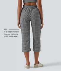 High Waisted Cropped Plaid Casual Linen-Feel Pants with Pockets